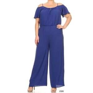 Plus Size Royal Blue Ruffle Cold Shoulder Jumpsuit